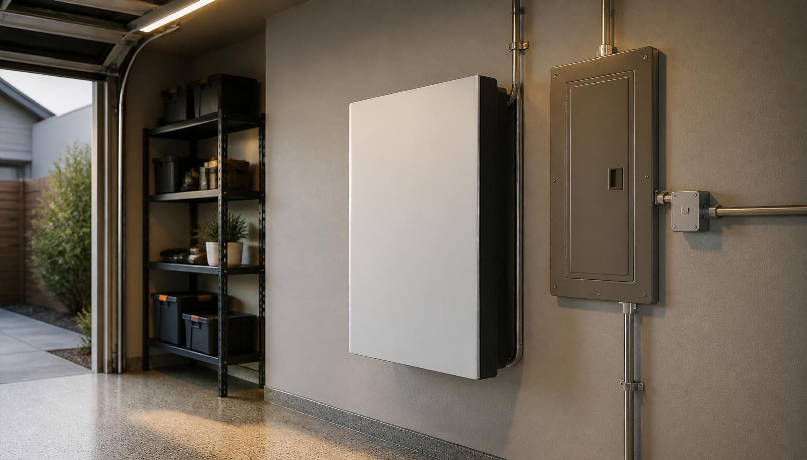 Wall-mounted residential home battery storage unit installed next to an electrical subpanel in a modern garage