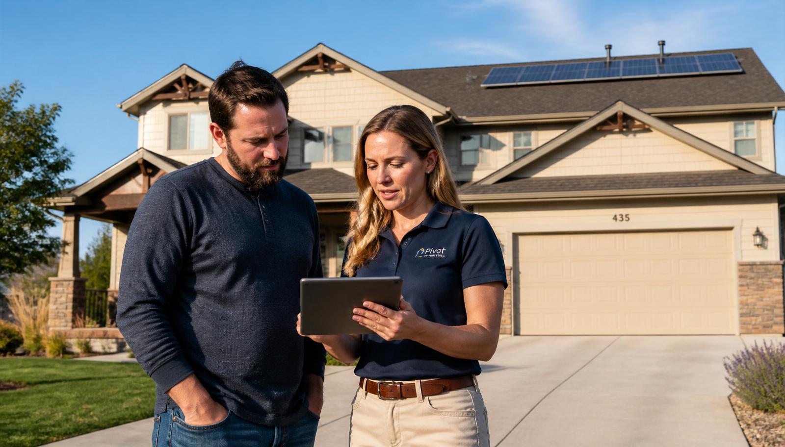 Homeowner and solar representative reviewing a tablet in front of a Colorado home