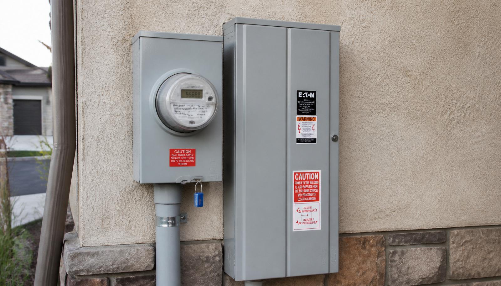 Close-up of a residential electric utility meter and main service panel on a stucco exterior wall