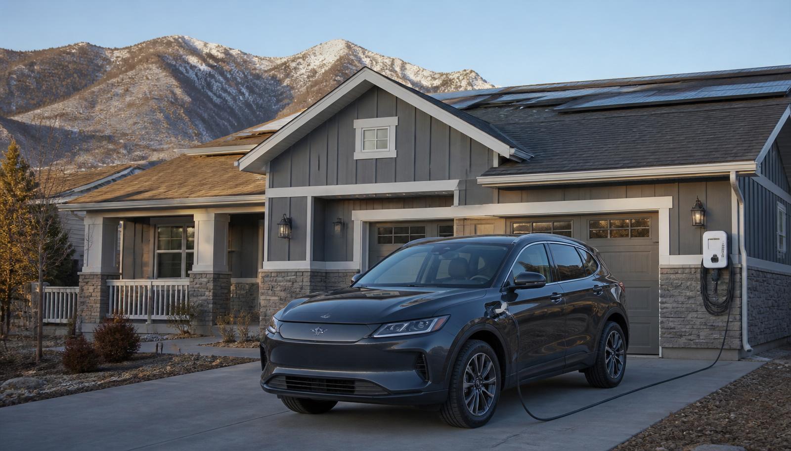 Electric vehicle plugged into a Level 2 home charger in a Colorado driveway, house with rear-mounted solar visible