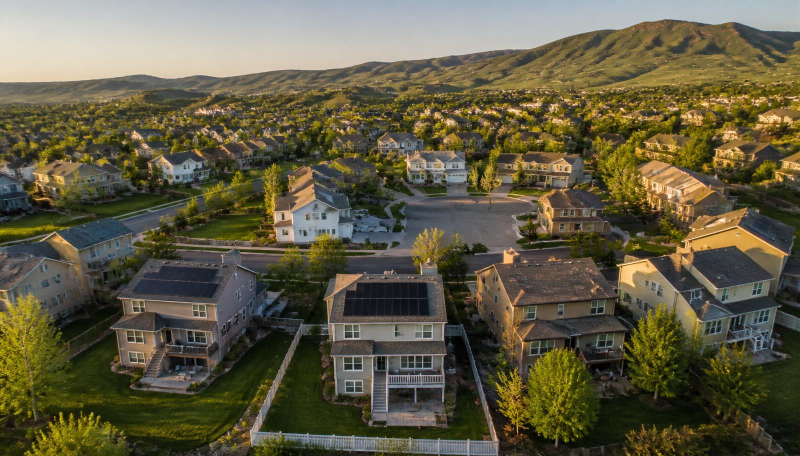 Aerial view of a Colorado Front Range residential neighborhood with several rooftop solar arrays and foothills in the background