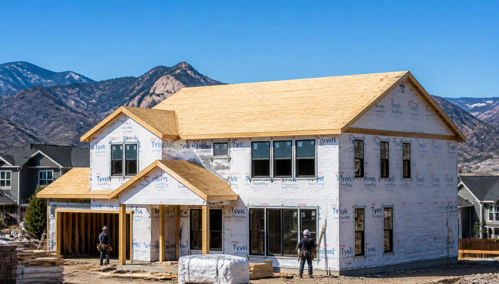 New-construction home in Colorado framed with lumber and wrapped in Tyvek, ready for solar planning