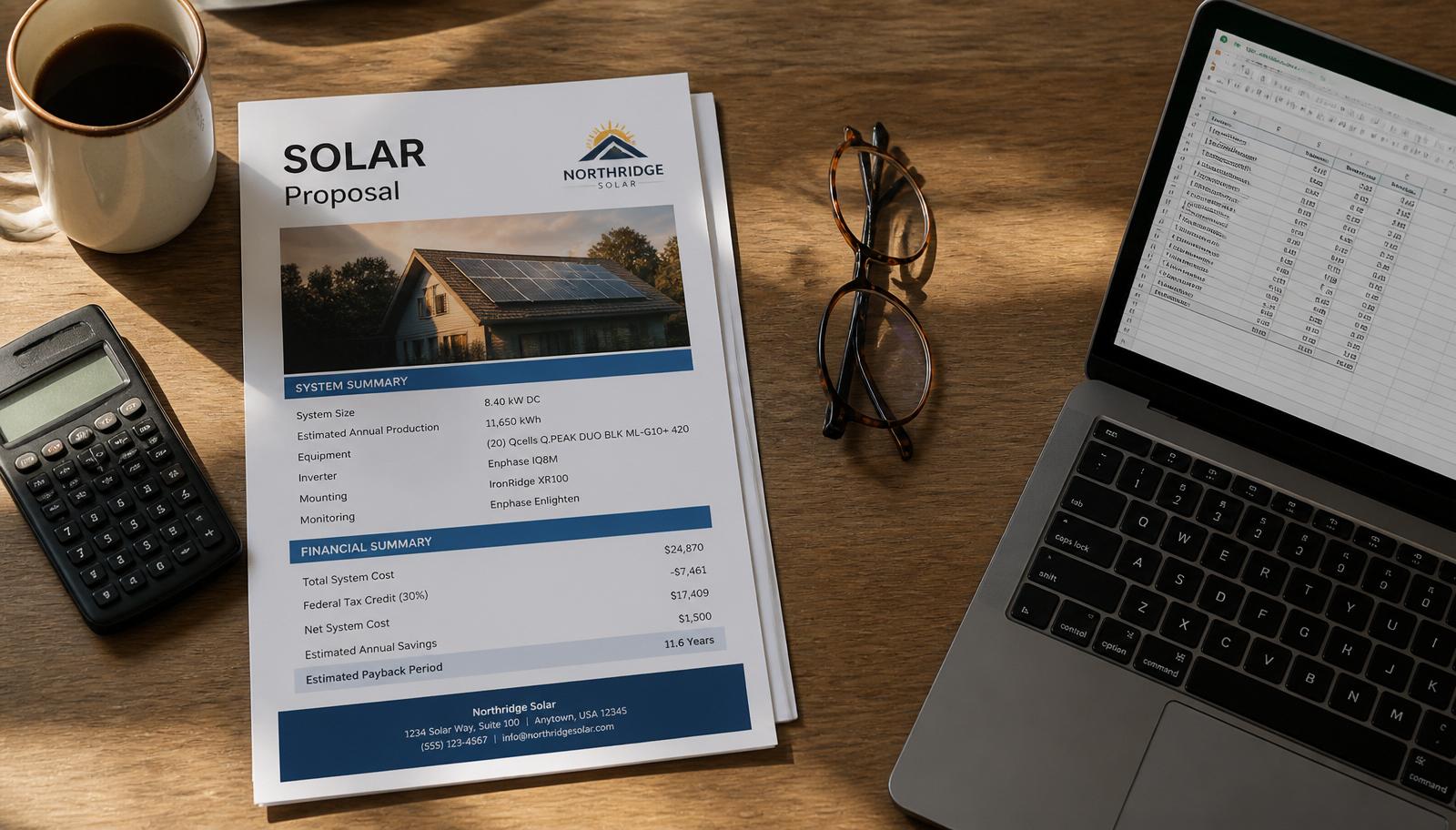 Overhead flat-lay of a solar proposal document with calculator, glasses, and laptop showing a financial spreadsheet
