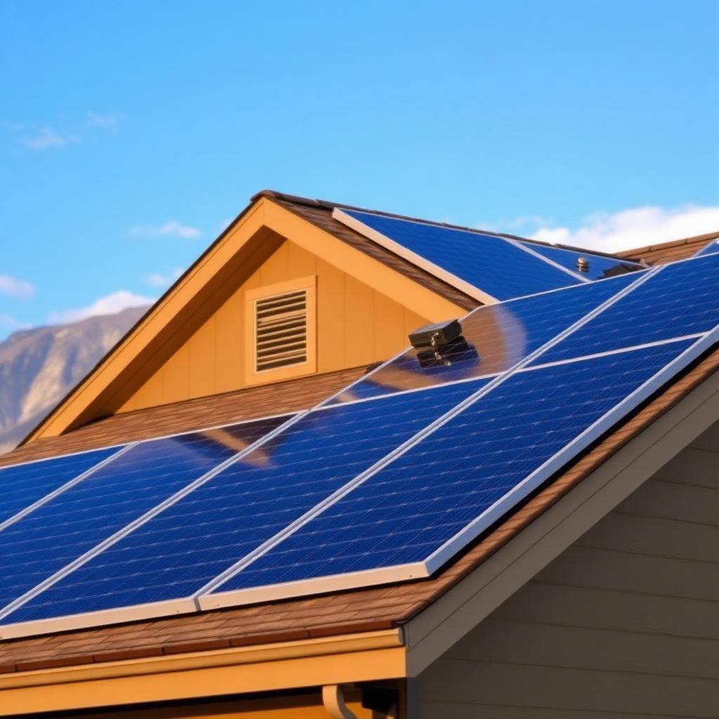 Overhead view of installers placing solar panels on the rear south-facing roof slope of a Colorado suburban home