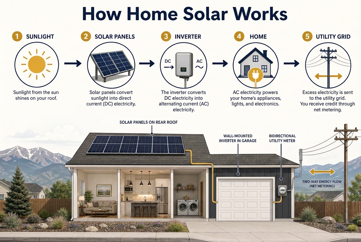 Infographic: sunlight → solar panels → inverter → home → utility grid, with a Colorado home cross-section showing rear-roof panels, garage inverter, and bidirectional meter
